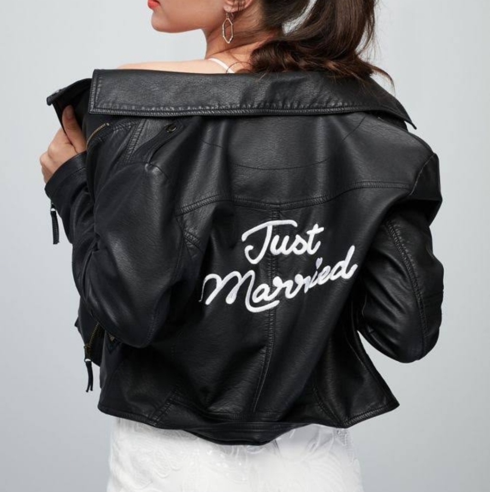 Just Married Embroidered Vegan Leather Moto Jacket
